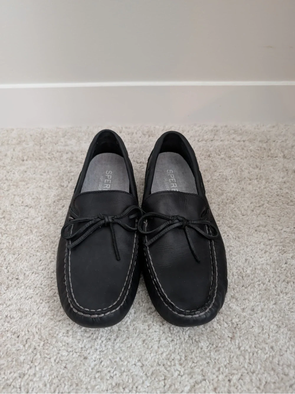 Sperry Black Leather Boat Shoes with Lace Detail